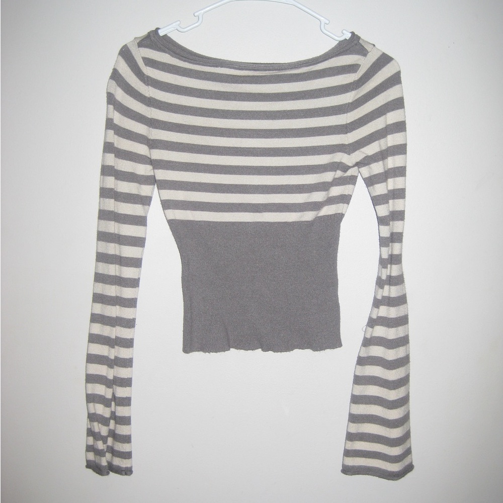 PacSun Gray and Cream Striped Boatneck Long Sleeve Top